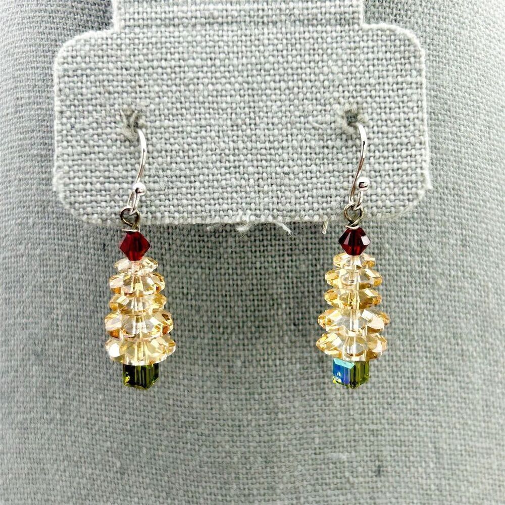 Handmade Fun Christmas Tree Beaded Dangle Earrings Silver Tone Hooks Holidays